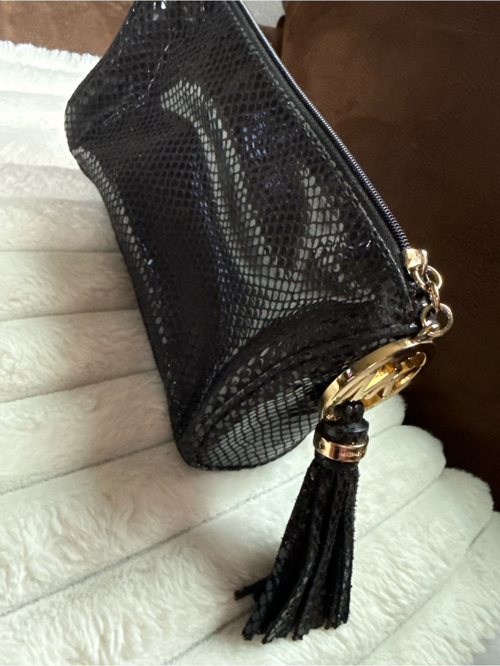 MICHAEL Michael Kors Black Textured Tassel Wristlet with Gold Accent